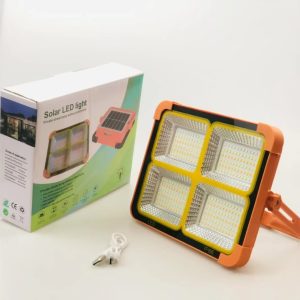 Solar LED Light, IP66 Waterproof, Portable Floodlight with Solar Panel, Orange and Black, 4 Panel Design, Outdoor Street Lamp