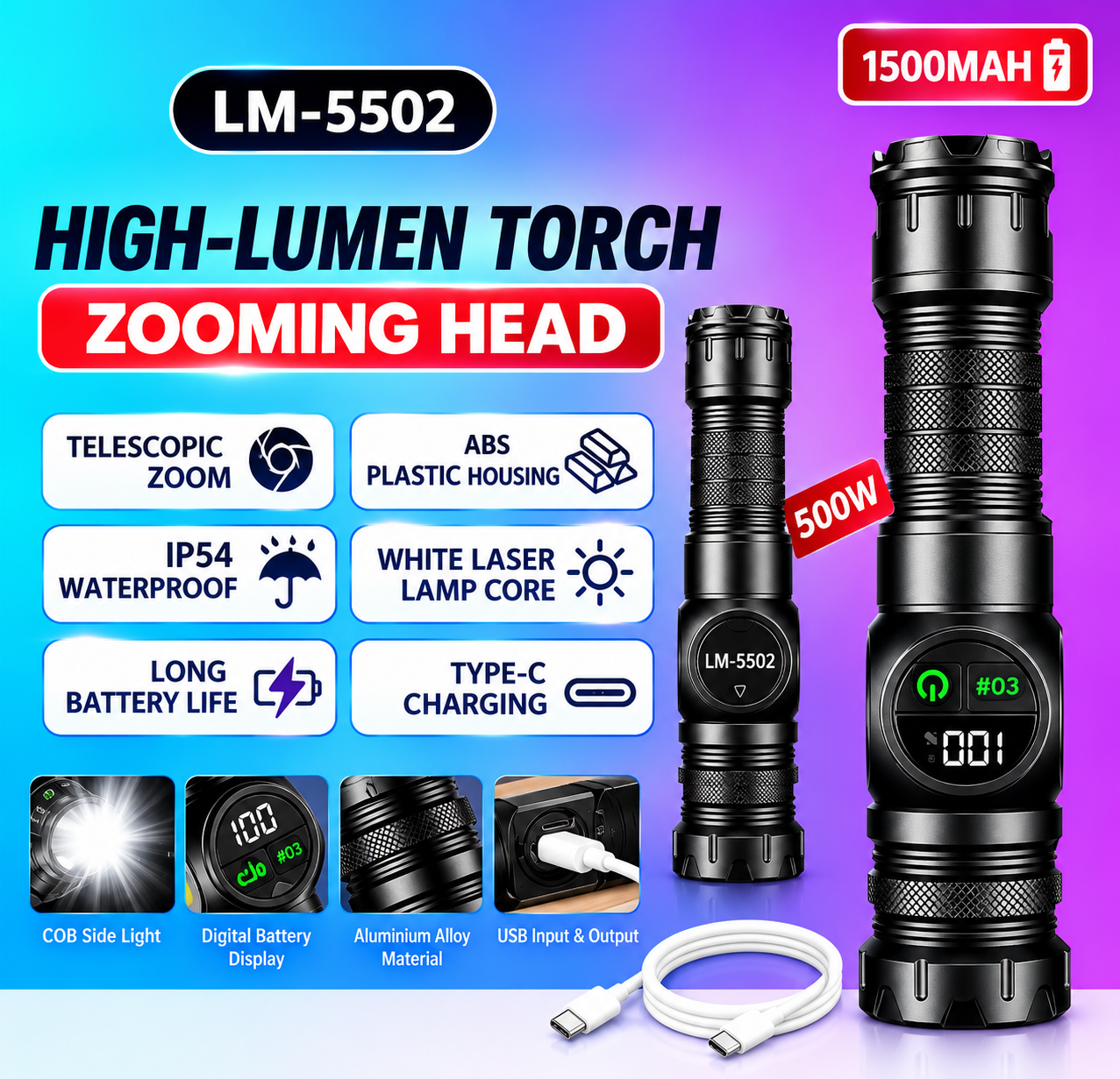 LM-5502 High Lumen Zooming LED Torch Flashlight