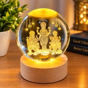 Lakshmi Ganesha Saraswati 3D Engraved Crystal Ball Night Lamp with Wooden Base