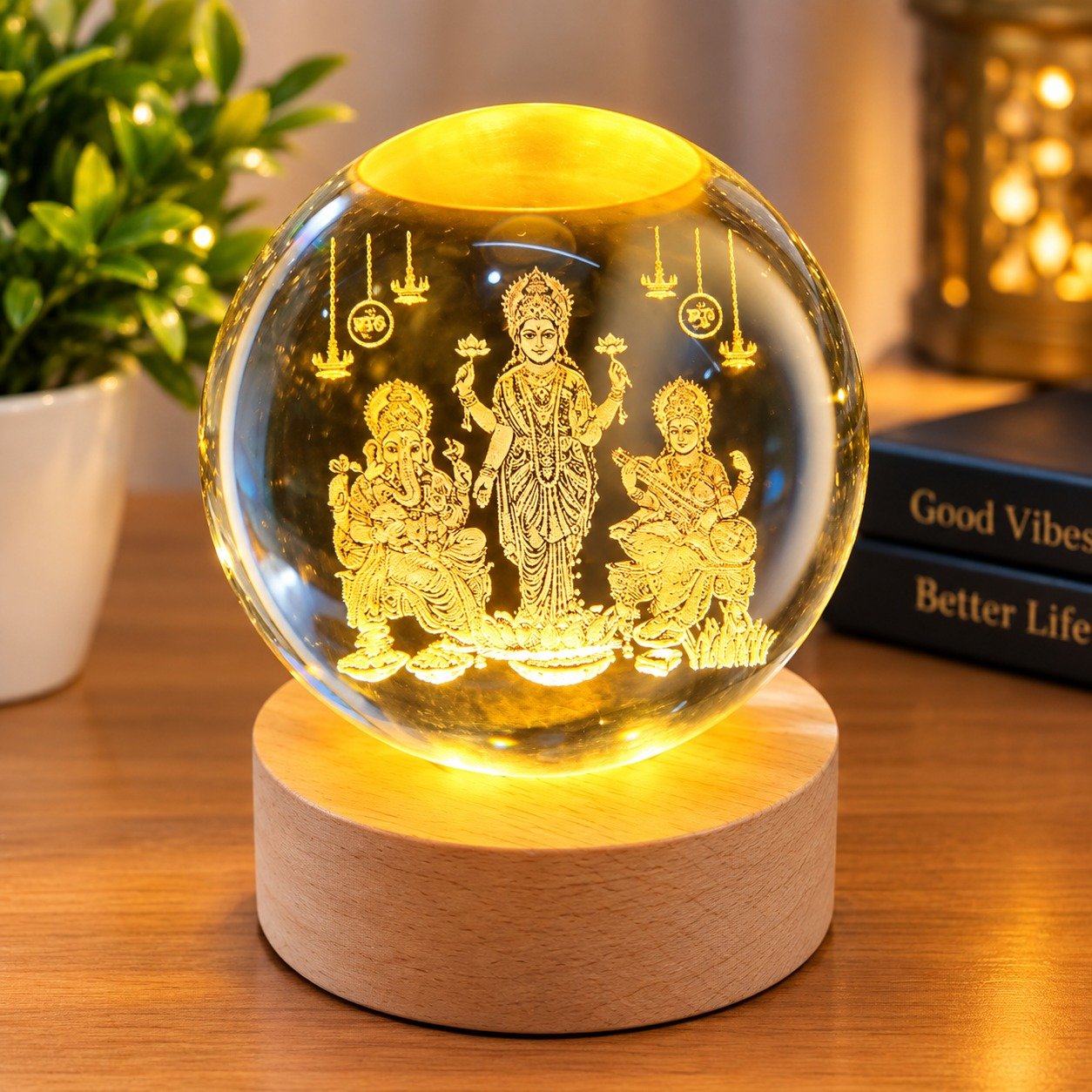 Lakshmi Ganesha Saraswati Crystal Ball Night Lamp with Wooden Base