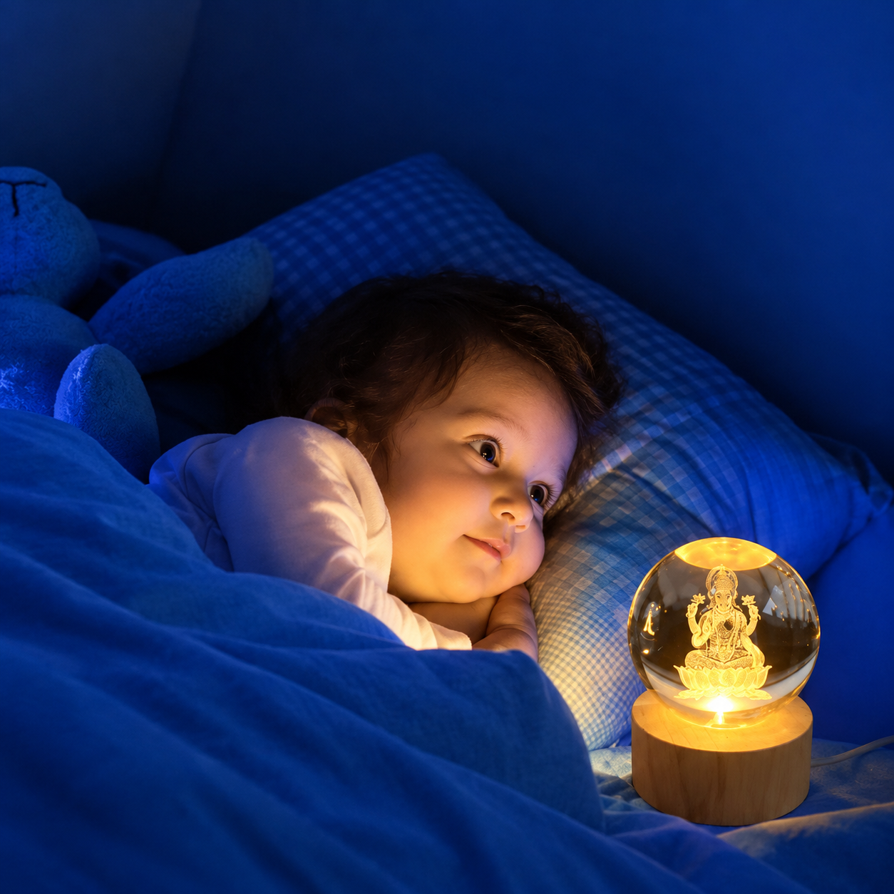 Goddess Lakshmi Ji 3D Engraved Crystal Ball Night Lamp with Wooden Base - Image 3