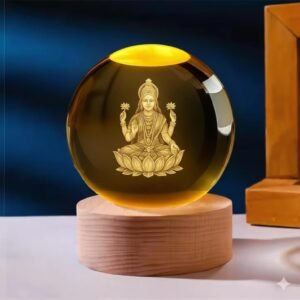 Goddess Lakshmi Ji 3D Engraved Crystal Ball Night Lamp with Wooden Base
