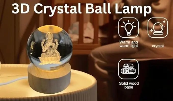 Goddess Lakshmi Ji 3D Engraved Crystal Ball Night Lamp with Wooden Base - Image 2