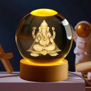 Lord Ganesha 3D Engraved Crystal Ball Night Lamp with Wooden Base