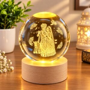 Radha Krishna 3D Engraved Crystal Ball Night Lamp with Wooden Base