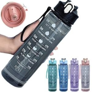 Transparent Time Marker Water Bottle - 900ml Motivational Sports Bottle with Straw & Strap